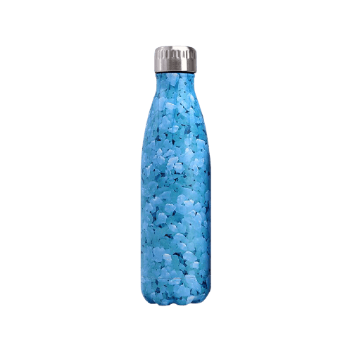 gourde inox bouteille isotherme bleue motif abstrait pétales de fleurs