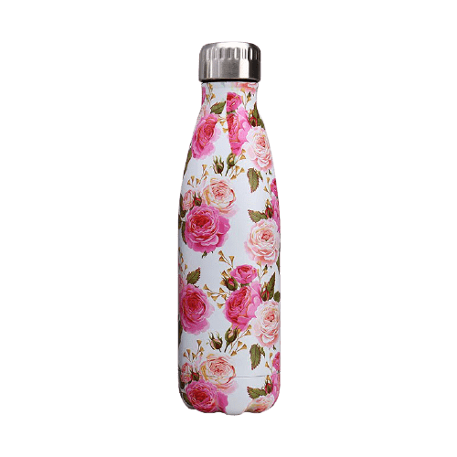 gourde inox bouteille isotherme motif fleurs de rosier couleur blanche et rose