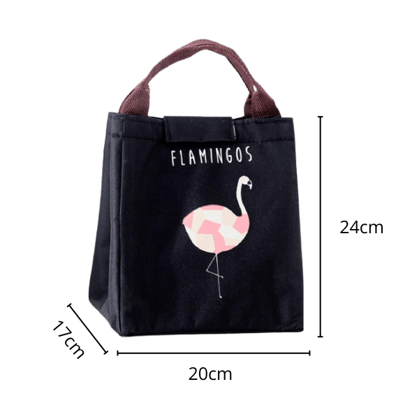 Lunch bag isotherme noir motif flamant rose avec dimension