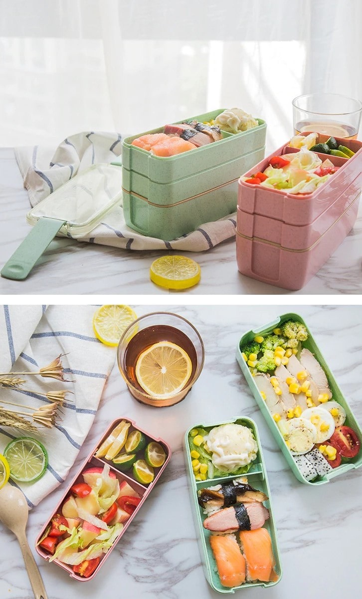 lunch box healthy beige rosa und blau mit Mahlzeiten